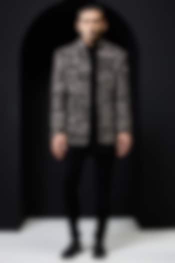 Black Sandwash Fabric Threadwork Open Groom Bandhgala Set by Sarab Khanijou at Pernia's Pop Up Shop