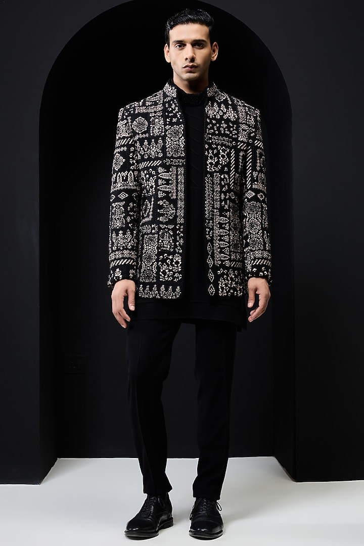 Black Sandwash Fabric Threadwork Open Groom Bandhgala Set by Sarab Khanijou at Pernia's Pop Up Shop