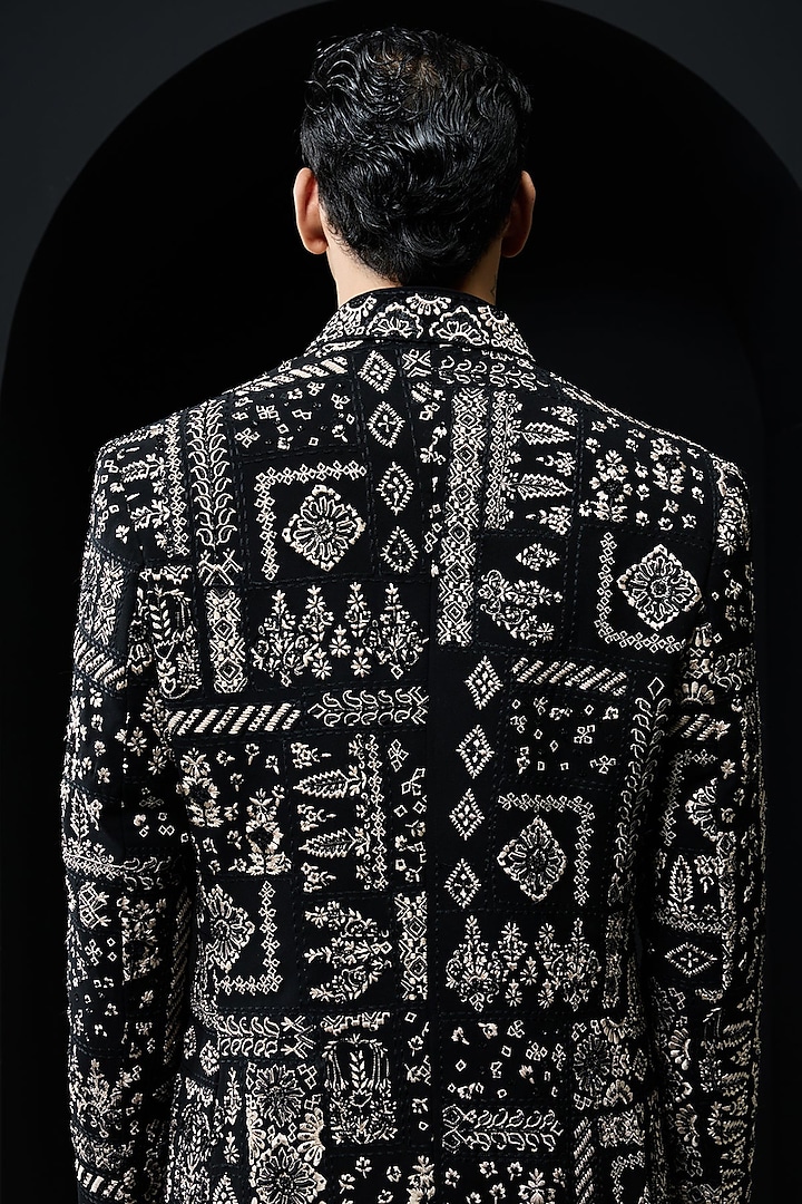 Black Sandwash Fabric Threadwork Open Groom Bandhgala Set by Sarab Khanijou at Pernia's Pop Up Shop