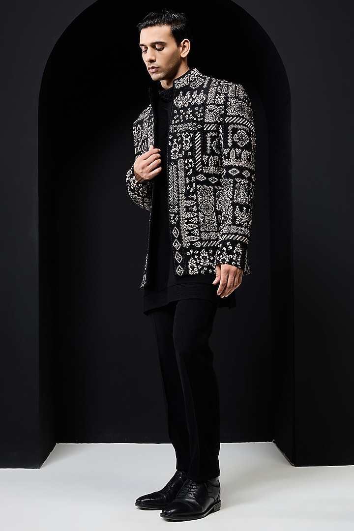 Black Sandwash Fabric Threadwork Open Groom Bandhgala Set by Sarab Khanijou at Pernia's Pop Up Shop