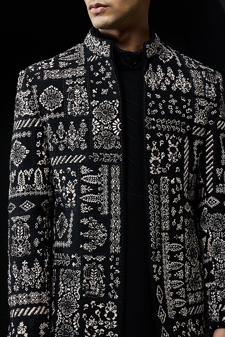 Black Sandwash Fabric Threadwork Open Groom Bandhgala Set by Sarab Khanijou at Pernia's Pop Up Shop