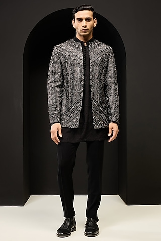 Black Velvet Threadwork Open Bandhgala Set by Sarab Khanijou