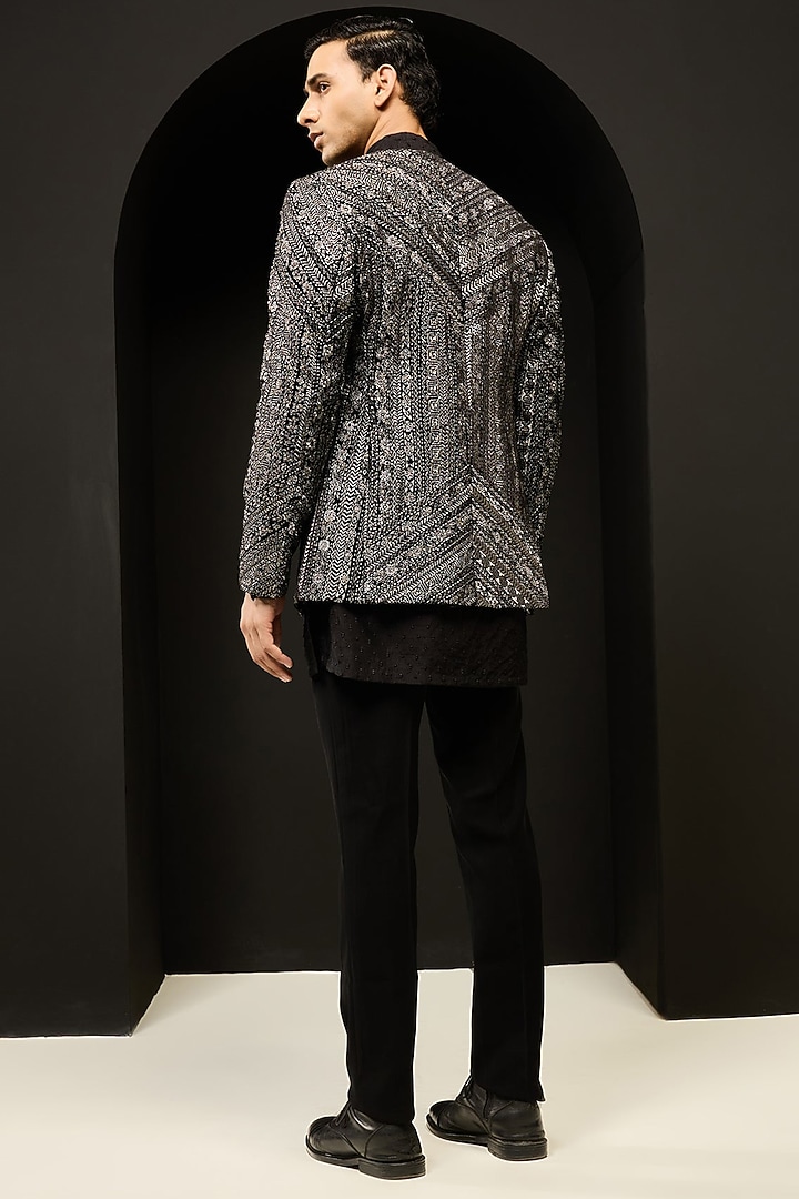 Black Velvet Threadwork Open Groom Bandhgala Set by Sarab Khanijou at Pernia's Pop Up Shop