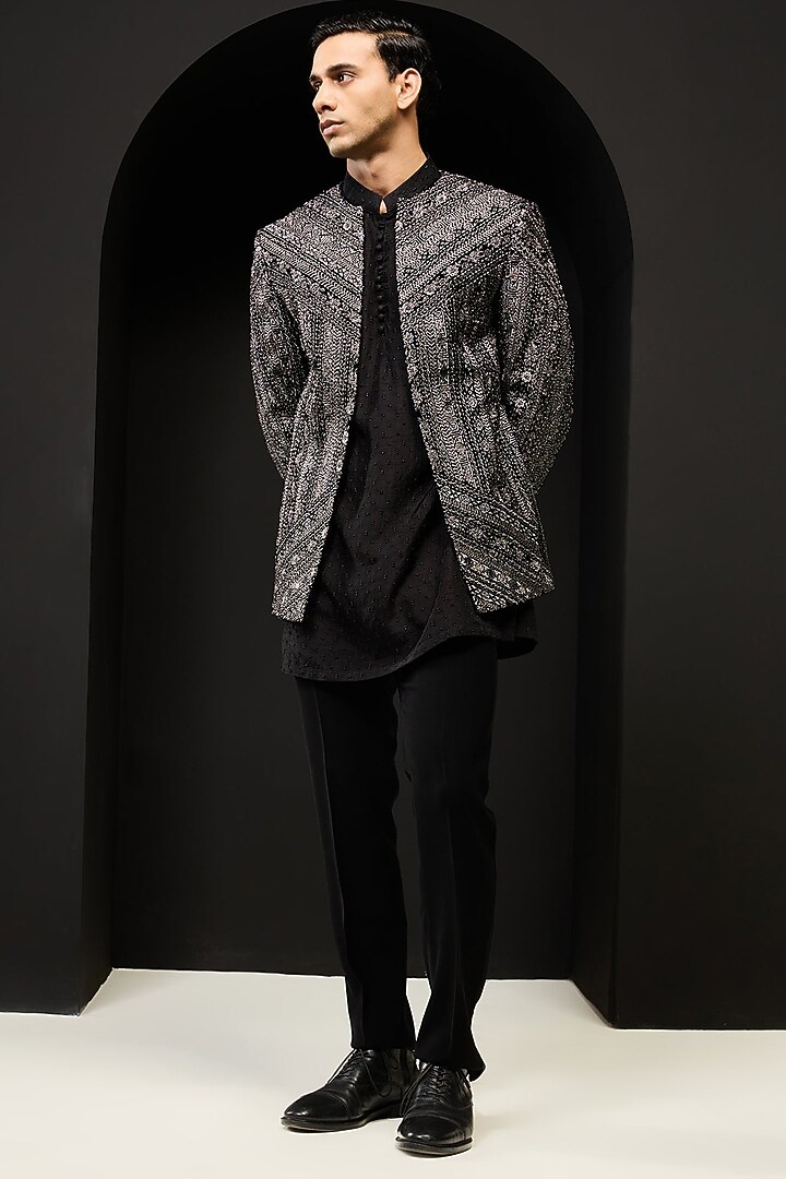 Black Velvet Threadwork Open Groom Bandhgala Set by Sarab Khanijou at Pernia's Pop Up Shop