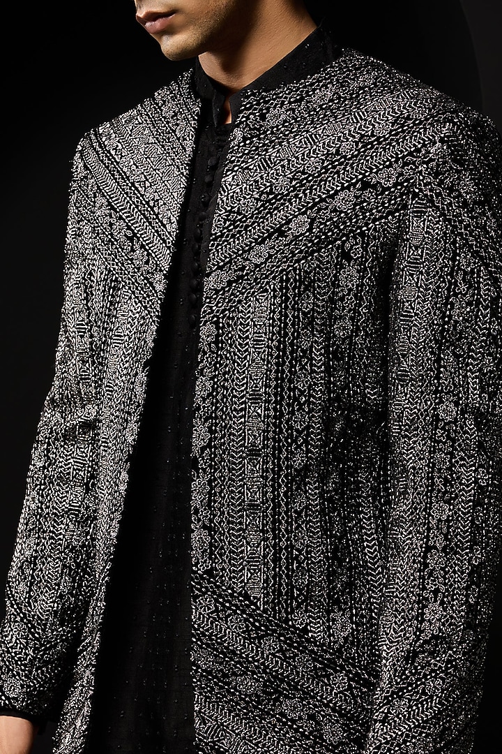 Black Velvet Threadwork Open Groom Bandhgala Set by Sarab Khanijou at Pernia's Pop Up Shop