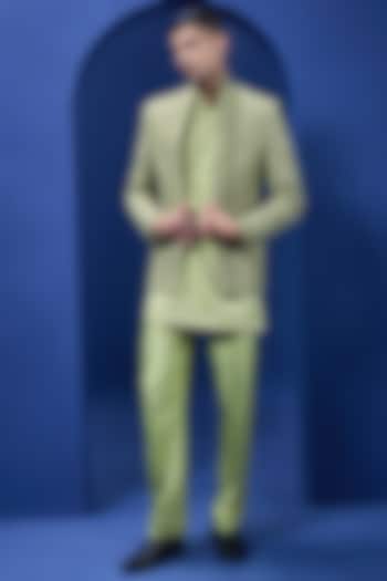 Green Organza Threadwork Open Groom Bandhgala Set by Sarab Khanijou at Pernia's Pop Up Shop