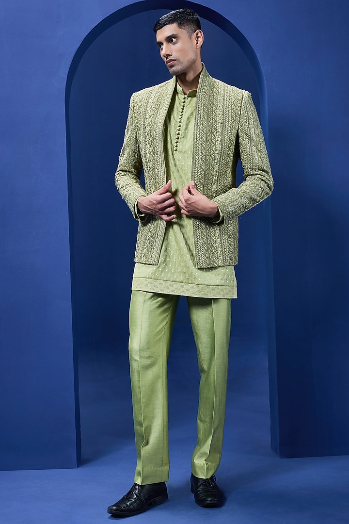 Green Organza Threadwork Open Groom Bandhgala Set by Sarab Khanijou at Pernia's Pop Up Shop