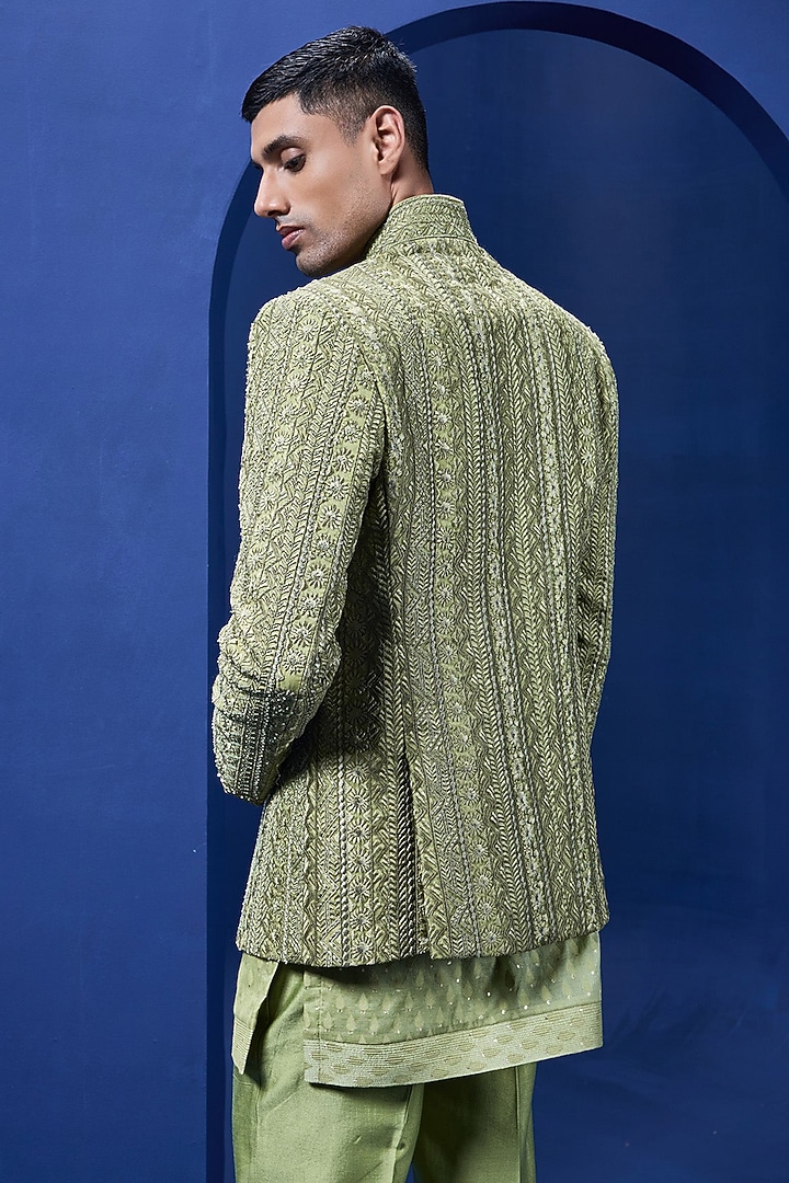 Green Organza Threadwork Open Groom Bandhgala Set by Sarab Khanijou at Pernia's Pop Up Shop