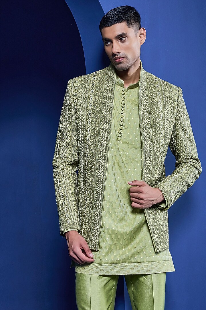 Green Organza Threadwork Open Groom Bandhgala Set by Sarab Khanijou at Pernia's Pop Up Shop