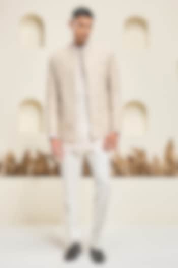 Dusty Rose Raw silk Threadwork Open Groom Bandhgala Set by Sarab Khanijou at Pernia's Pop Up Shop