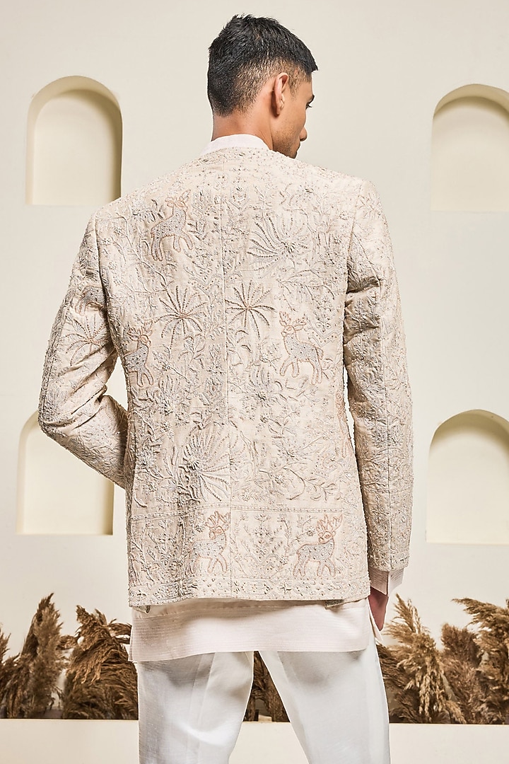 Dusty Rose Raw silk Threadwork Open Groom Bandhgala Set by Sarab Khanijou at Pernia's Pop Up Shop