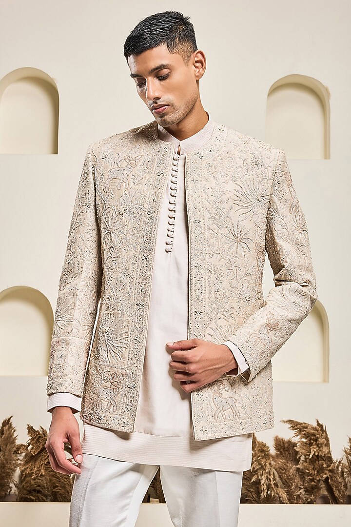 Dusty Rose Raw silk Threadwork Open Groom Bandhgala Set by Sarab Khanijou at Pernia's Pop Up Shop