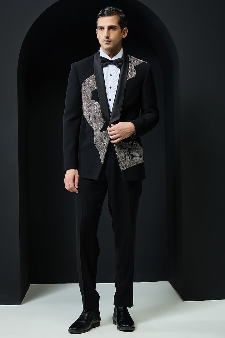 Black Sandwash Cutdana Embroidered Tuxedo Set by Sarab Khanijou at Pernia's Pop Up Shop