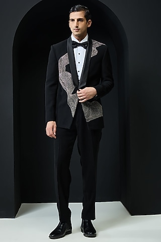Black Sandwash Cutdana Embroidered Tuxedo Set by Sarab Khanijou