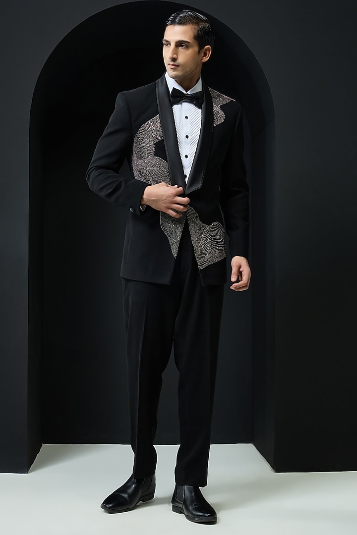 Black Sandwash Cutdana Embroidered Tuxedo Set by Sarab Khanijou at Pernia's Pop Up Shop