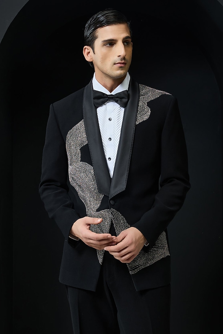 Black Sandwash Cutdana Embroidered Tuxedo Set by Sarab Khanijou at Pernia's Pop Up Shop