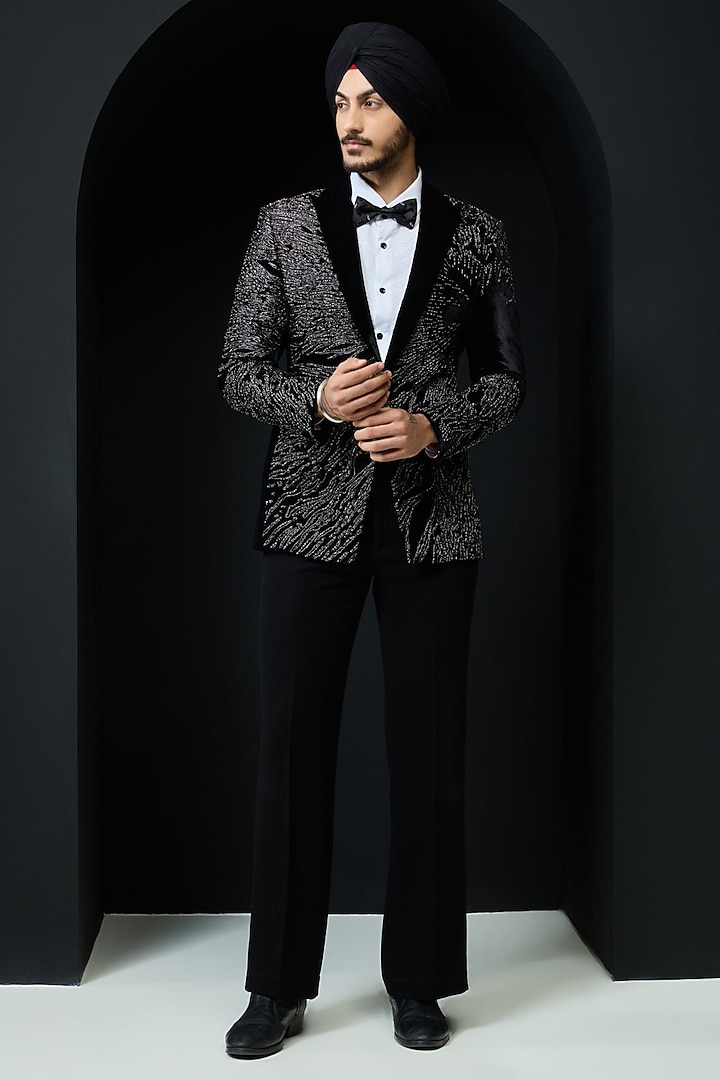 Black Velvet Pearl Embroidered Tuxedo Set by Sarab Khanijou at Pernia's Pop Up Shop