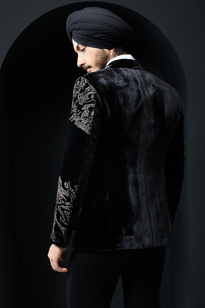 Black Velvet Pearl Embroidered Tuxedo Set by Sarab Khanijou at Pernia's Pop Up Shop