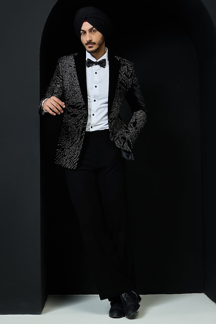 Black Velvet Pearl Embroidered Tuxedo Set by Sarab Khanijou at Pernia's Pop Up Shop