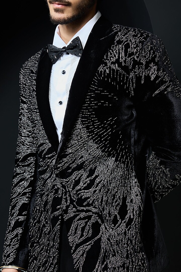Black Velvet Pearl Embroidered Tuxedo Set by Sarab Khanijou at Pernia's Pop Up Shop