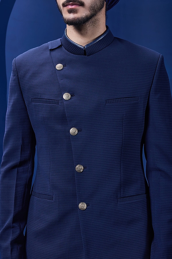 Navy Blue Suiting Fabric Wedding Bandhgala Set by Sarab Khanijou at Pernia's Pop Up Shop