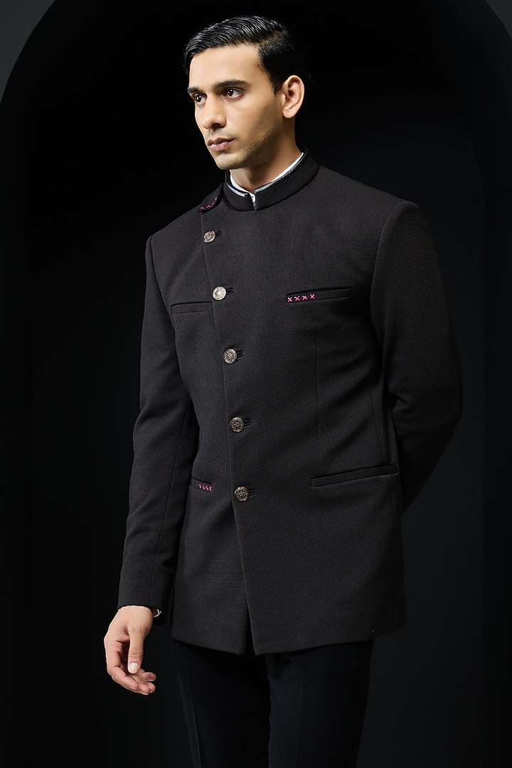 Black Suiting Fabric Wedding Bandhgala Set by Sarab Khanijou at Pernia's Pop Up Shop