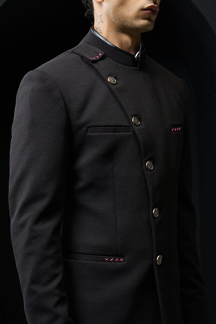 Black Suiting Fabric Wedding Bandhgala Set by Sarab Khanijou at Pernia's Pop Up Shop