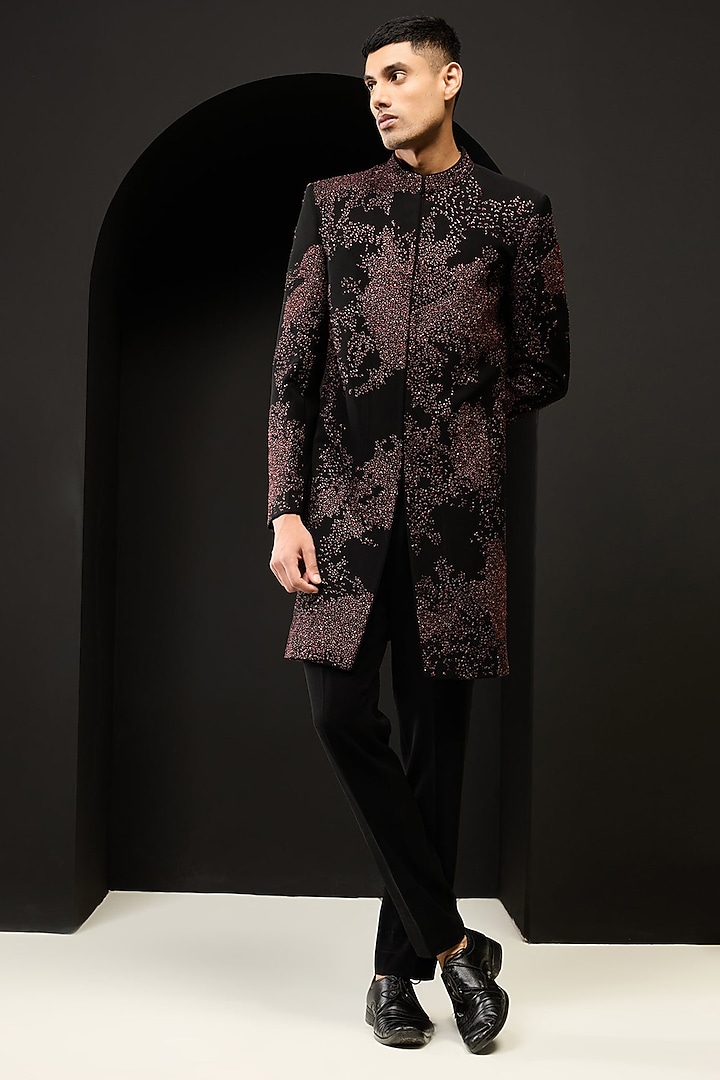 Black Sandwash Fabric Thread Work Indo Western Set by Sarab Khanijou at Pernia's Pop Up Shop