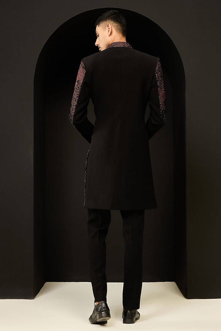 Black Sandwash Fabric Thread Work Indo Western Set by Sarab Khanijou at Pernia's Pop Up Shop