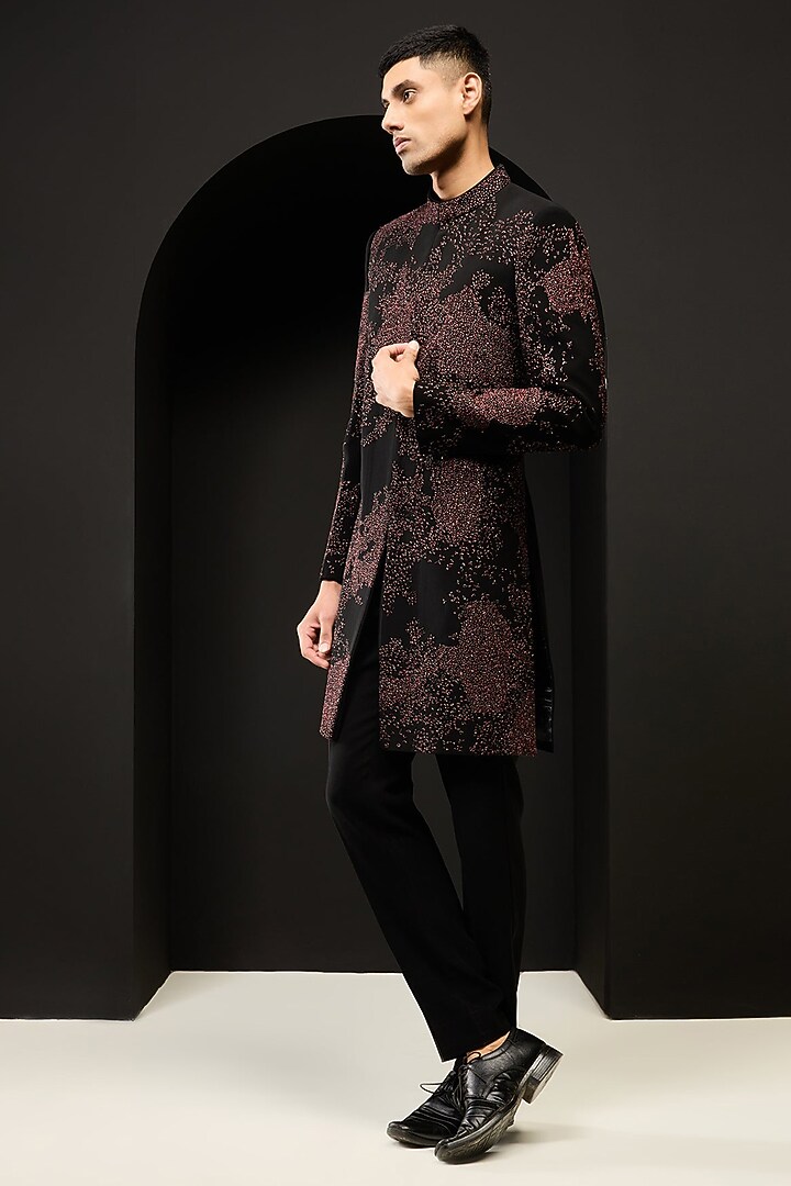 Black Sandwash Fabric Thread Work Indo Western Set by Sarab Khanijou at Pernia's Pop Up Shop