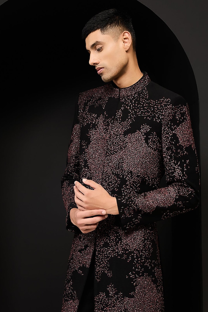 Black Sandwash Fabric Thread Work Indo Western Set by Sarab Khanijou at Pernia's Pop Up Shop