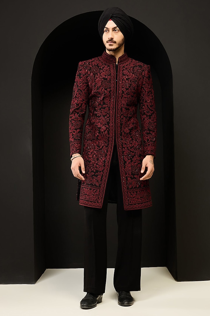 Black Sandwash Fabric Threadwork Groom Indowestern Set by Sarab Khanijou at Pernia's Pop Up Shop