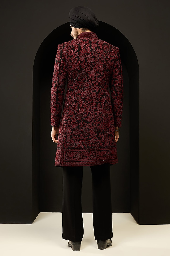 Black Sandwash Fabric Threadwork Groom Indowestern Set by Sarab Khanijou at Pernia's Pop Up Shop