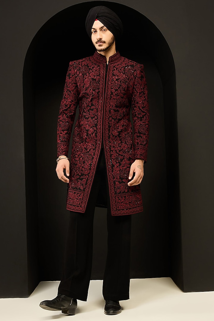 Black Sandwash Fabric Threadwork Groom Indowestern Set by Sarab Khanijou at Pernia's Pop Up Shop