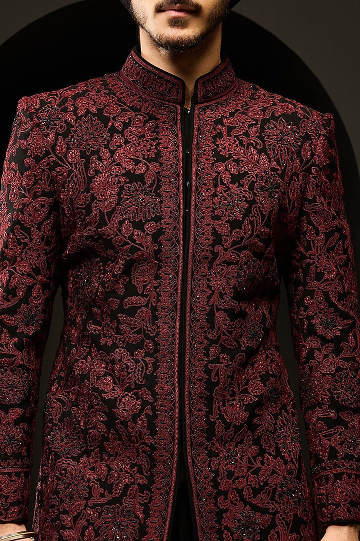 Black Sandwash Fabric Threadwork Groom Indowestern Set by Sarab Khanijou at Pernia's Pop Up Shop