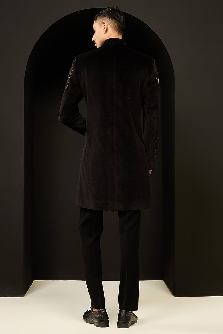 Black Velvet Pearl Work Groom Indowestern Set by Sarab Khanijou at Pernia's Pop Up Shop