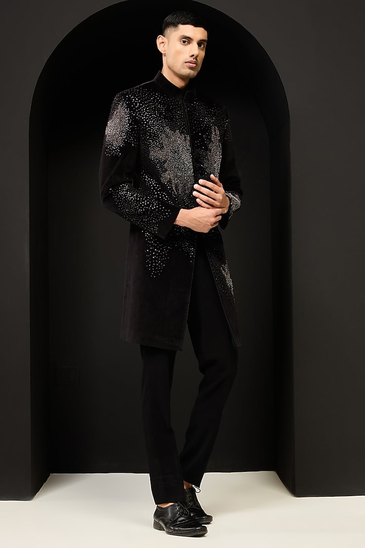 Black Velvet Pearl Work Groom Indowestern Set by Sarab Khanijou at Pernia's Pop Up Shop