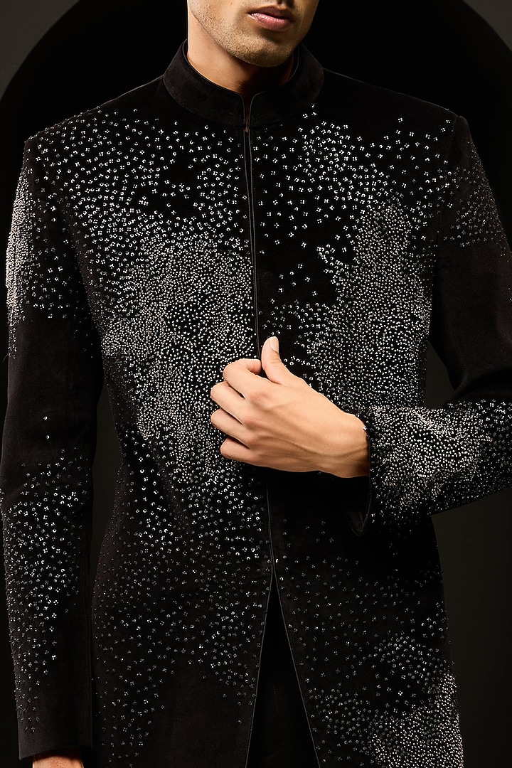 Black Velvet Pearl Work Groom Indowestern Set by Sarab Khanijou at Pernia's Pop Up Shop