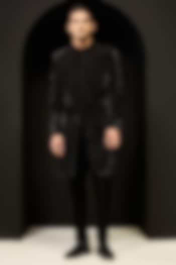 Black Sandwash Fabric Pearl Work Groom Indowestern Set by Sarab Khanijou at Pernia's Pop Up Shop