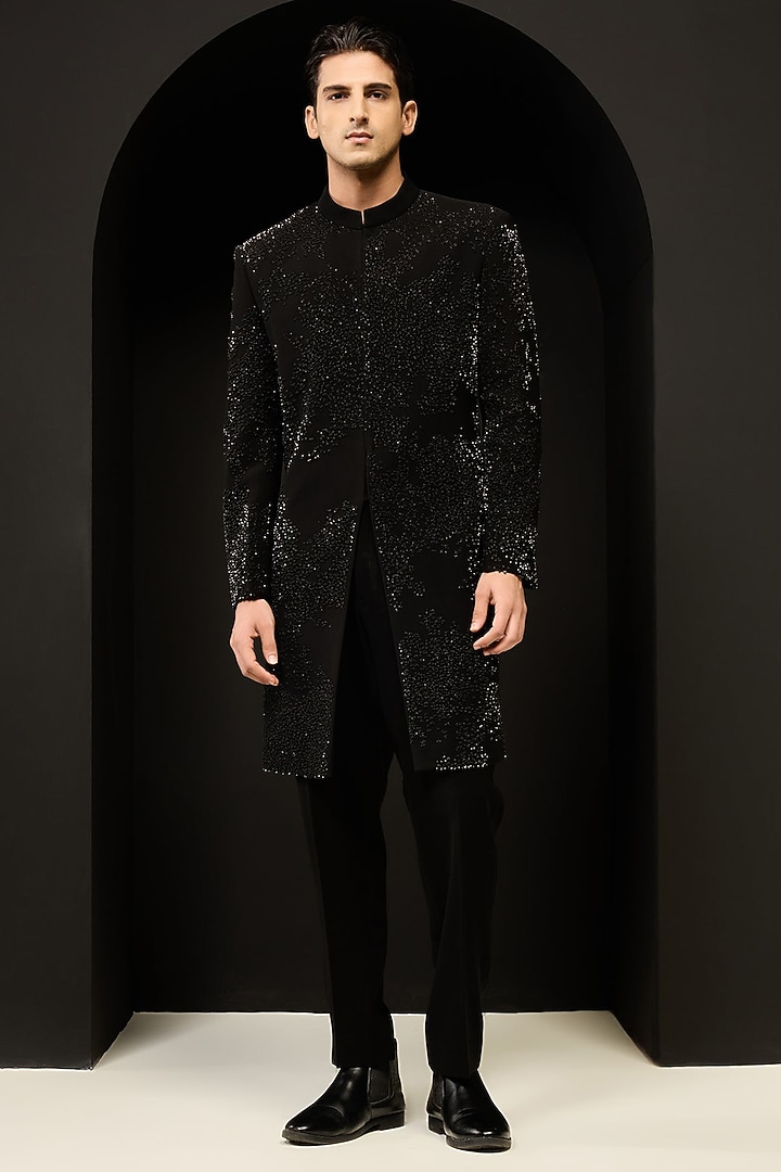 Black Sandwash Fabric Pearl Work Groom Indowestern Set by Sarab Khanijou at Pernia's Pop Up Shop