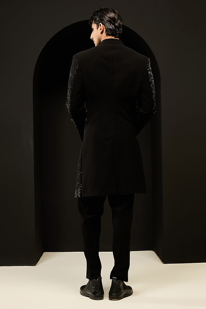 Black Sandwash Fabric Pearl Work Groom Indowestern Set by Sarab Khanijou at Pernia's Pop Up Shop