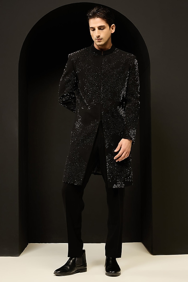 Black Sandwash Fabric Pearl Work Groom Indowestern Set by Sarab Khanijou at Pernia's Pop Up Shop