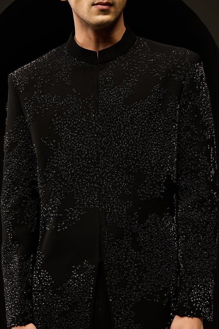 Black Sandwash Fabric Pearl Work Groom Indowestern Set by Sarab Khanijou at Pernia's Pop Up Shop