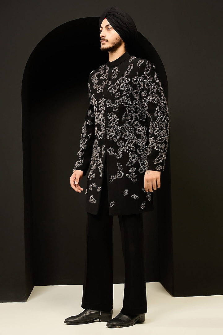 Black Sandwash Fabric Pearl Work Groom Indowestern Set by Sarab Khanijou at Pernia's Pop Up Shop