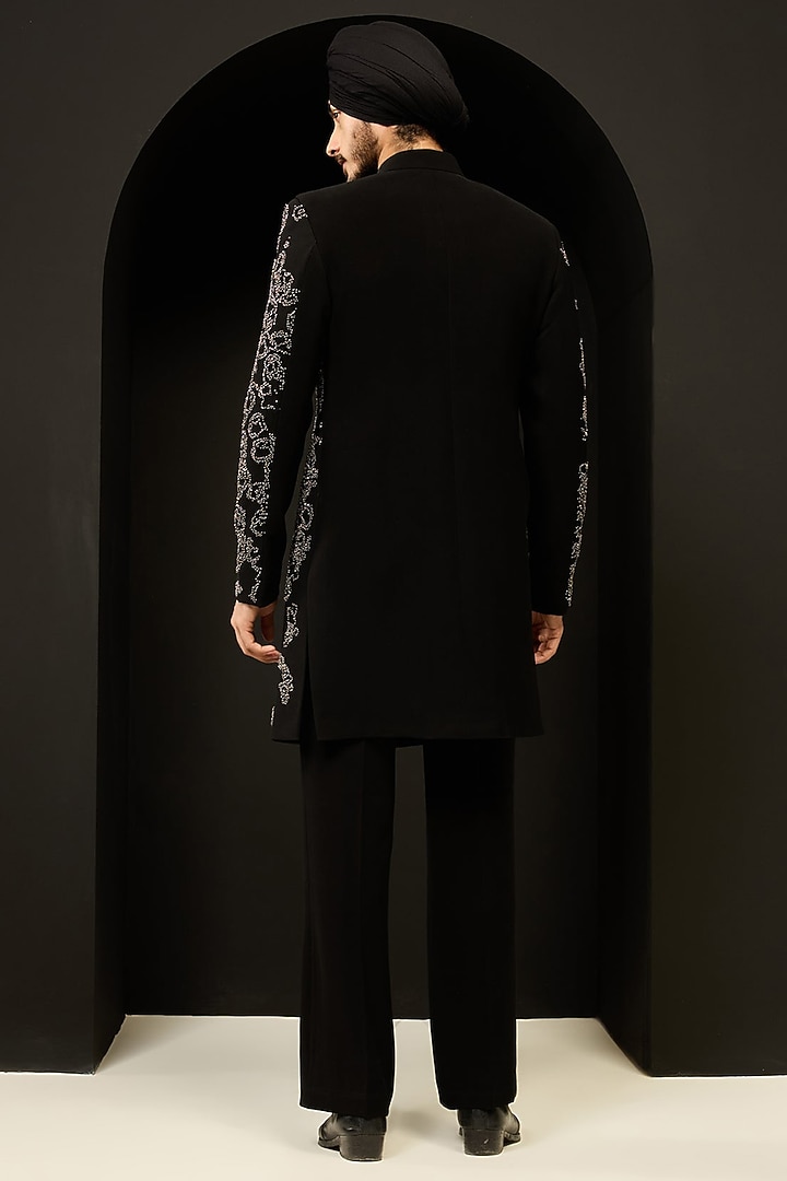 Black Sandwash Fabric Pearl Work Groom Indowestern Set by Sarab Khanijou at Pernia's Pop Up Shop