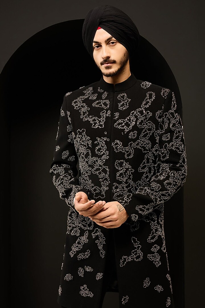 Black Sandwash Fabric Pearl Work Groom Indowestern Set by Sarab Khanijou at Pernia's Pop Up Shop