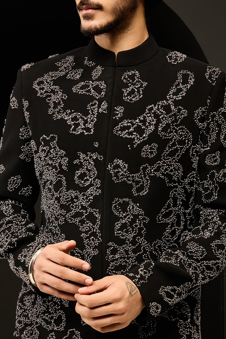 Black Sandwash Fabric Pearl Work Groom Indowestern Set by Sarab Khanijou at Pernia's Pop Up Shop
