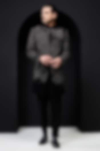 Black Velvet Pearl Work Groom Indowestern Set by Sarab Khanijou at Pernia's Pop Up Shop