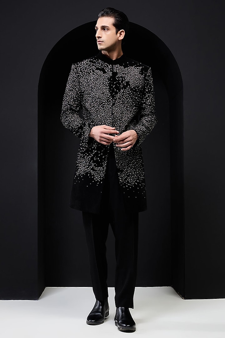 Black Velvet Pearl Work Groom Indowestern Set by Sarab Khanijou at Pernia's Pop Up Shop