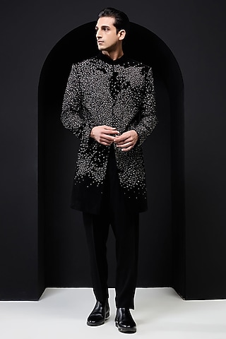 Black Velvet Pearl Work Indowestern Set by Sarab Khanijou